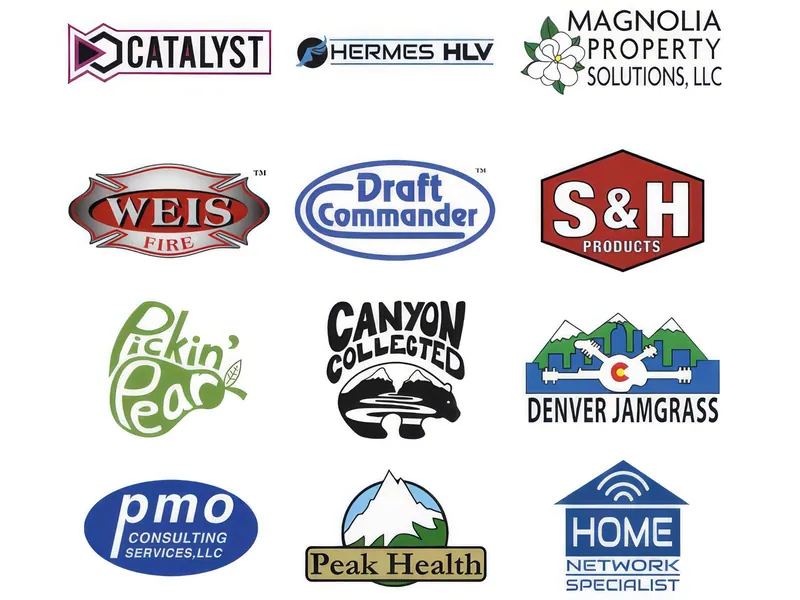Twelve logos designed by Ryan Conway: Catalyst, Hermes HLV, Magnolia Property Solutions, Weis Fire, Draft Commander, S&H Products, Pickin' Pear, Canyon Collected, Denver Jamgrass, PMO Consulting Services, Peak Health, and Home Network Specialist