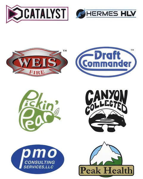 Logos designed by Ryan Conway for Catalyst, Hermes HLV, Weis Fire, Draft Commander, Pickin' Pear, Canyon Collected, PMO Consulting, and Peak Health